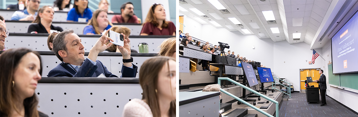 Left: Michael Okun, MD, director at the Norman Fixel Institute for Neurological Diseases, takes a photo. Right: David Vaillancourt gives his lecture.