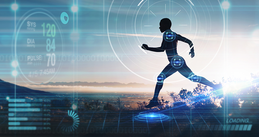 Hologram, athlete and running for wellness, exercise for healthy lifestyle and track heart rate. Male, futuristic and runner with digital sports, double exposure for marathon and fitness training. C Malambo/peopleimages.com